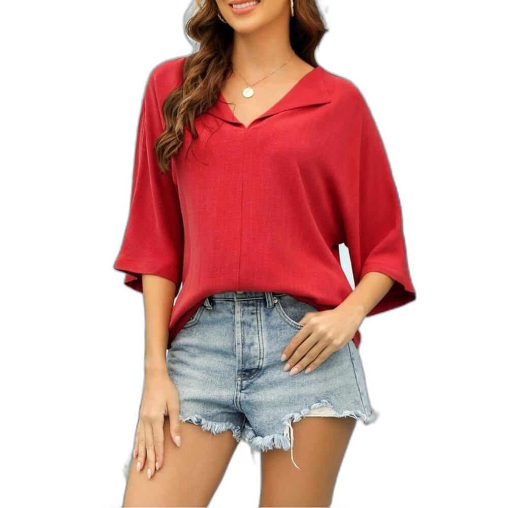 Cotton Natural Linen Shirt Short Sleeve Loose Fit Casual Top Size XL Red (415)
